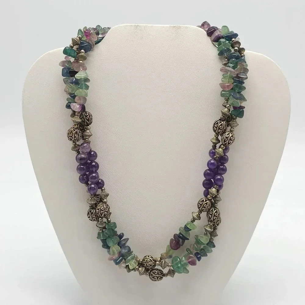 Heavy Purple Amethyst Bead Gemstone Multi Strand Necklace Silver Tone Vintage